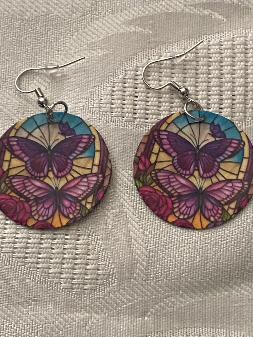 Dangle Earrings Butterfly On Stained Glass 1.25” Round Handmade Witchy Goth New - Picture 2 of 4